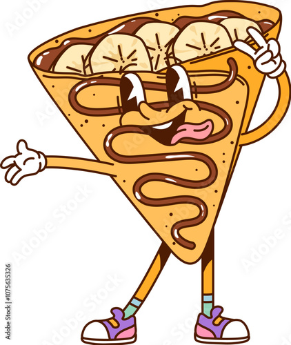 Cartoon groovy crepe dessert fast food character with playful face, wearing retro sneakers, exudes joy and energy with wide smile. Vector fun thin pancake, breakfast personage exudes happy funky vibes