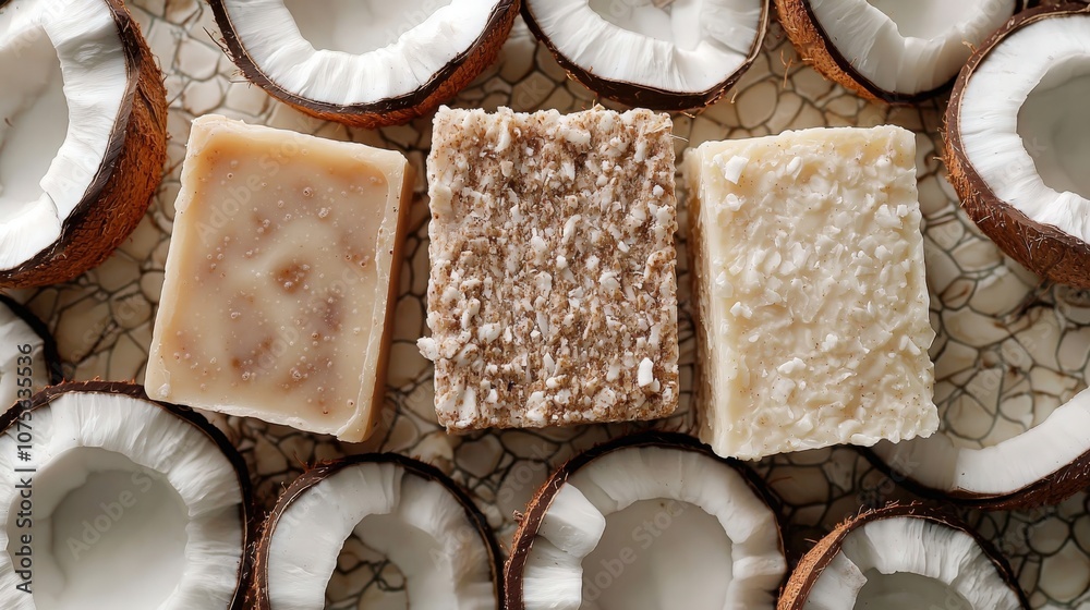 Natural coconut soap displayed among fresh coconut shells on a rustic woven background Natural coconut soap displayed among fresh coconut shells on a rustic woven background
