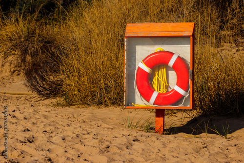 An emergency life ring located along the beach of Lake Michigan within Kohler-Andrae State Park, Sheboygan, Wisconsin photo