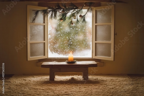 Cozy scene with open window and burning candle on a small wooden table – snowflakes on the window and decorative branches above photo