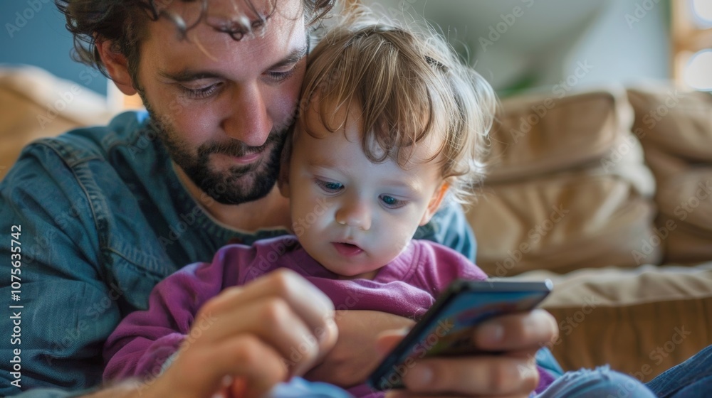 A father entertaining his child by playing a game on their mobile device. A father entertaining his child by playing a game on their mobile device.