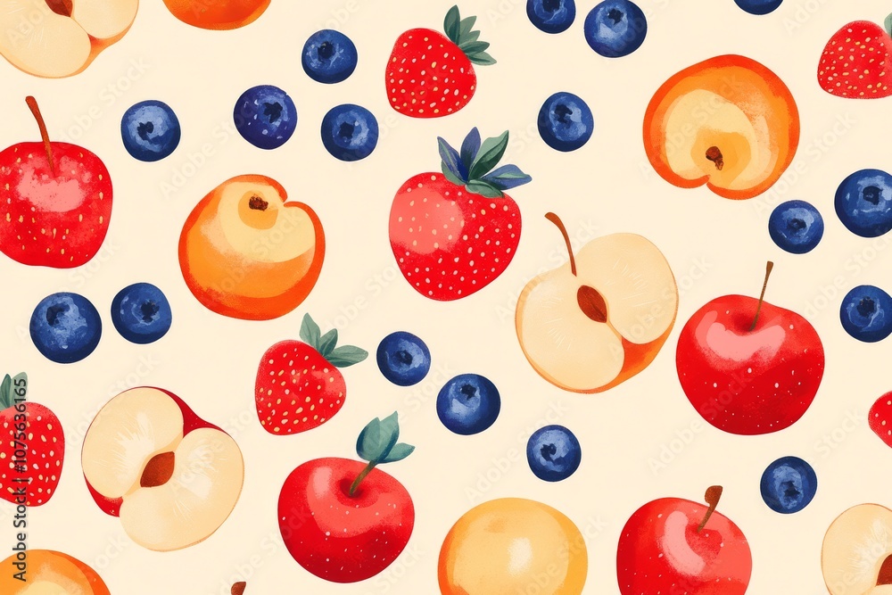 Naklejka premium This delightful and playful illustration beautifully showcases a vibrant and colorful array of various fruits arranged in a cheerful and whimsical pattern, making it perfect for any garden theme