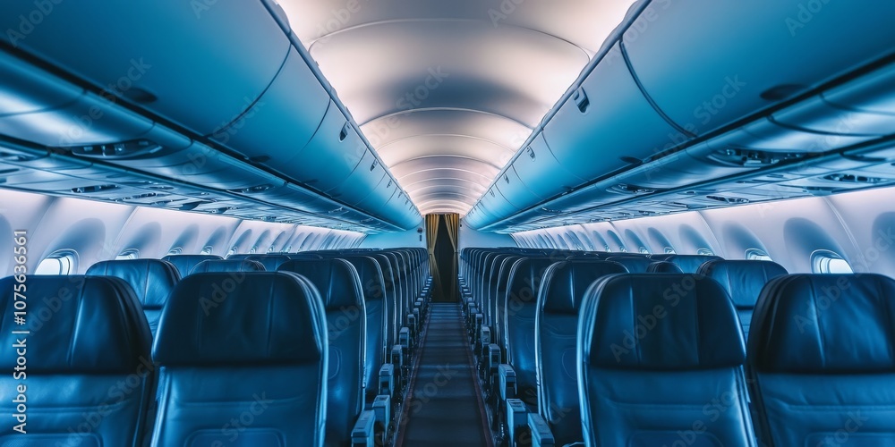 Fototapeta premium Explore the sleek and modern interior design of a commercial aircraft, which showcases clean lines and a minimalist aesthetic that greatly enhance the overall passenger experience during flights