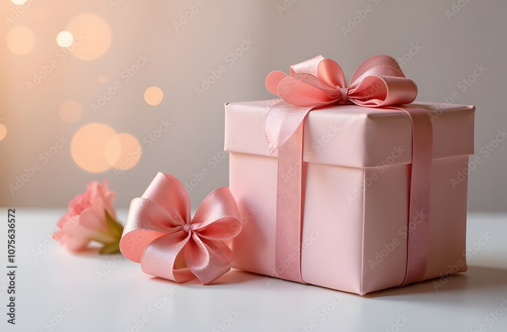 Obraz premium A charming pink gift box adorned with elegant ribbons sits on a table, accompanied by a soft pink rose, creating a lovely atmosphere for celebrations