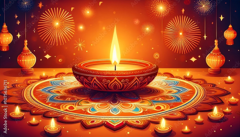 A vibrant Diwali scene unfolds with an orange backdrop featuring intricate rangoli designs,_1(746) A vibrant Diwali scene unfolds with an orange backdrop featuring intricate rangoli designs,_1(746)