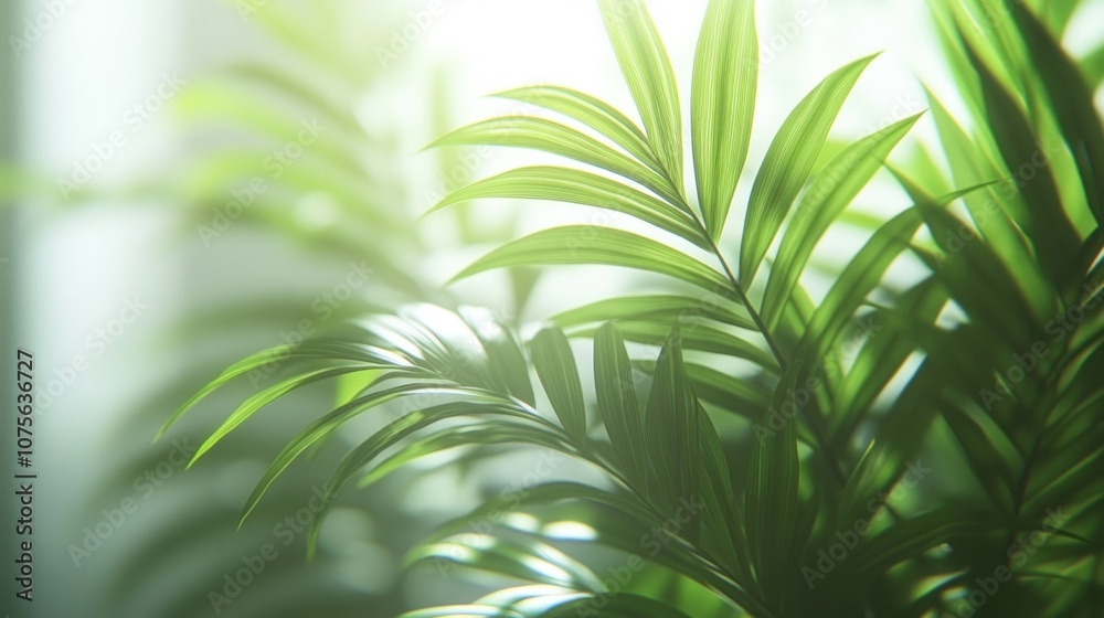 Lush green palm leaves in sunlight.