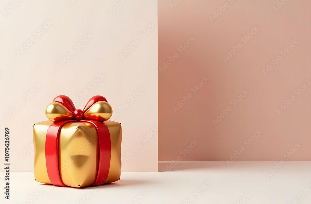 The elegant golden gift adorned with vibrant red ribbons stands prominently against a pastel pink background, perfect for special occasions The elegant golden gift adorned with vibrant red ribbons stands prominently against a pastel pink background, perfect for special occasions