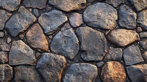 Close-up view of a stone wall made of various sized, uneven, dark grey and brown stones. photo