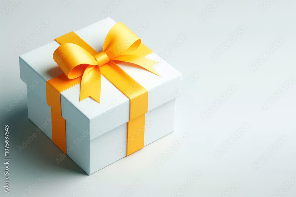 White gift box with bright yellow ribbon. Space for text. White gift box with bright yellow ribbon. Space for text.