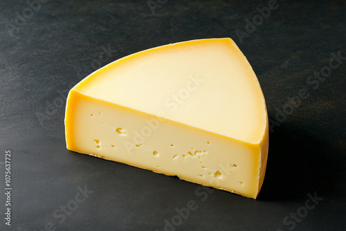 Danish cheese wheel on black transparent background. Concept of dairy products and cheese photo