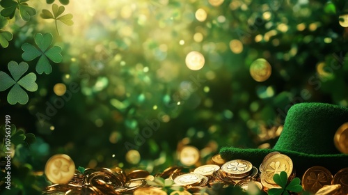 St. Patrick’s Day Background with Shamrocks, Leprechaun Hat, Gold Coins, and Space for Text