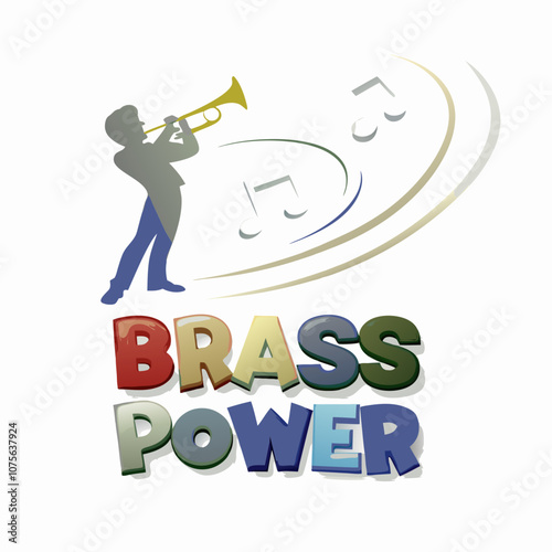Brass Power logo with trumpeter and swirling musical notes.
