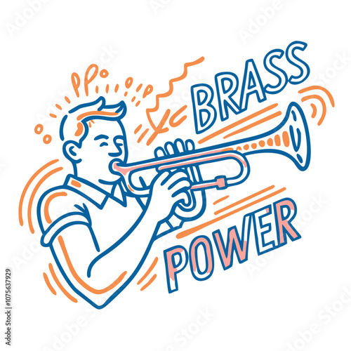 Brass Power illustration with trumpeter and energetic lines.