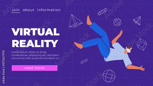 Metaverse entertainment. Flat vector illustration with man in virtual reality glasses and VR headsets Concept of future innovations and modern technologies Futuristic poster banner for website