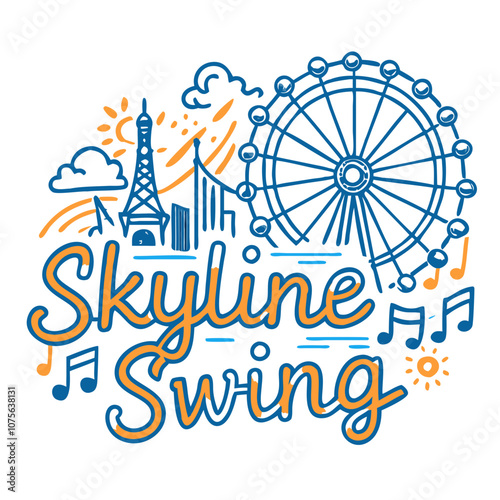 Skyline Swing logo with Ferris wheel and cityscape illustration