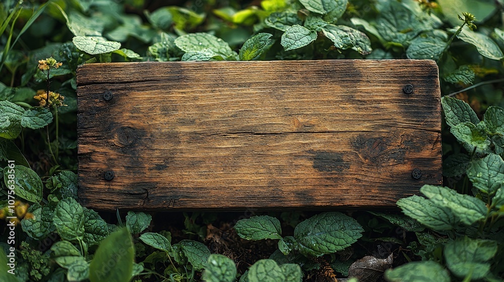 A weathered wooden sign resting among green foliage, suggesting a natural setting. A weathered wooden sign resting among green foliage, suggesting a natural setting.