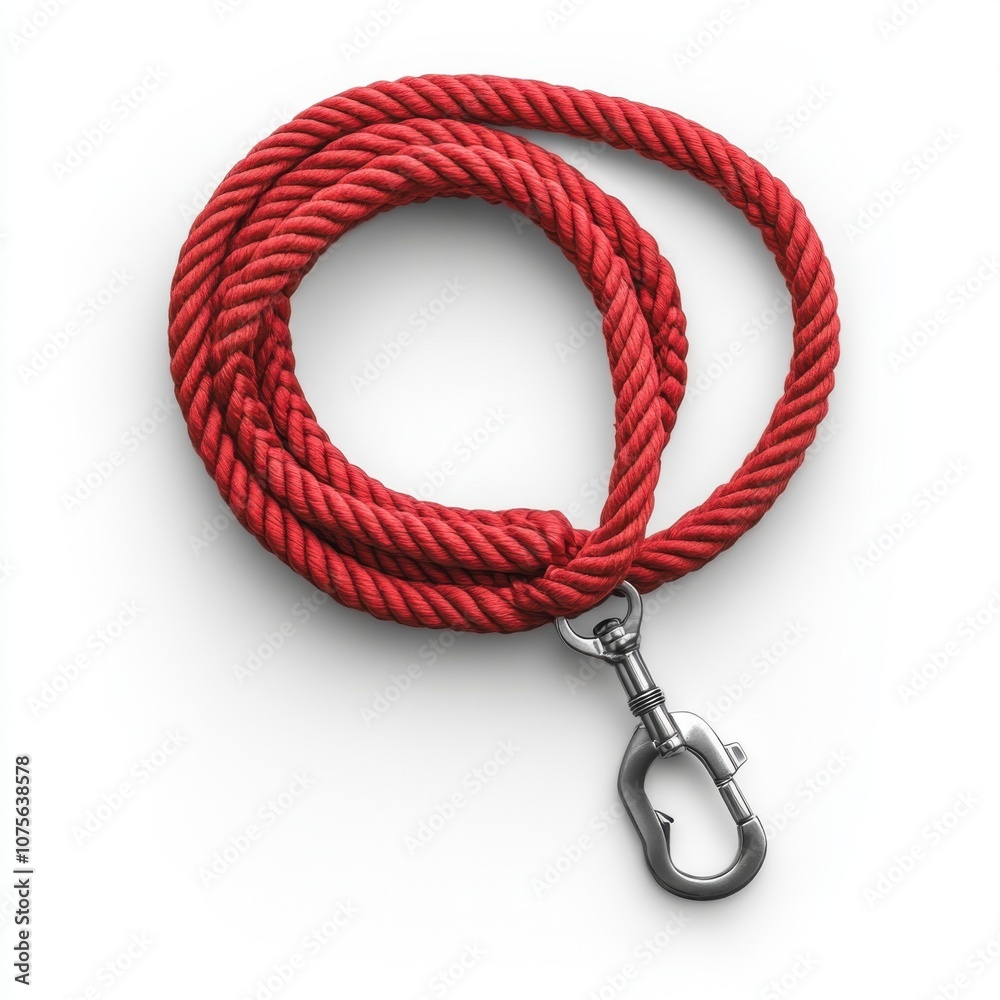 Naklejka premium Red dog leash coiled on plain white surface