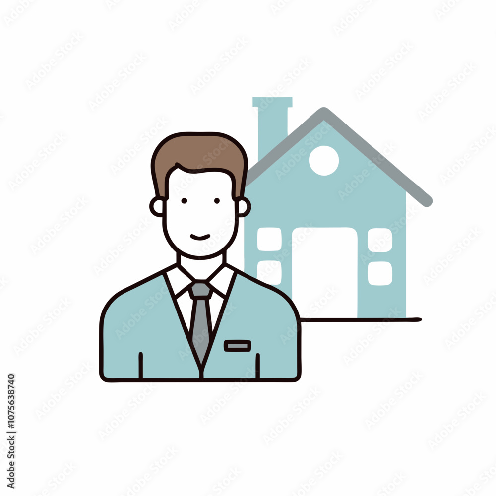 A man in a suit is smiling and standing in front of a house. The house is blue and has a chimney A man in a suit is smiling and standing in front of a house. The house is blue and has a chimney