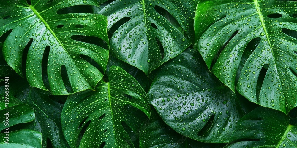 Fototapeta premium High-resolution close-up of lush dark green tropical leaves with water droplets