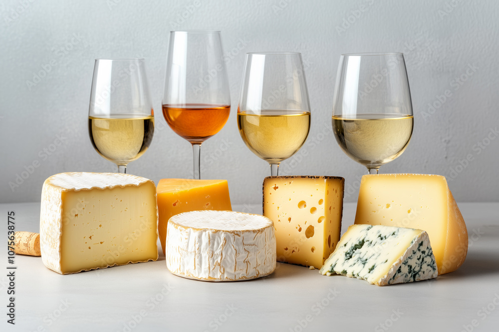 Glasses of white wine with varieties of cheese on plain background. Concept wine and cheese pairing Glasses of white wine with varieties of cheese on plain background. Concept wine and cheese pairing