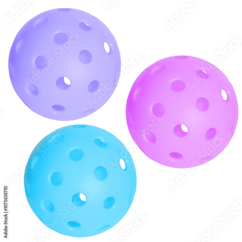 Three pickleball balls in light blue, pink and light purple isolated on transparent background. photo