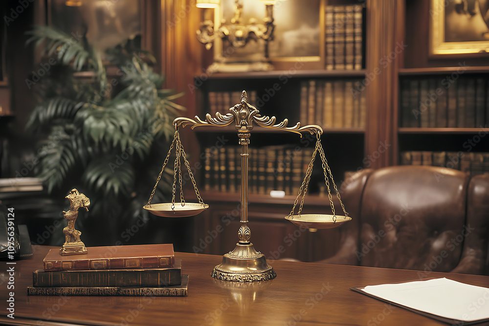 Close-up of golden scales of justice on a desk in a lawyer's office, symbolizing balance, fairness, and legal authority Close-up of golden scales of justice on a desk in a lawyer's office, symbolizing balance, fairness, and legal authority
