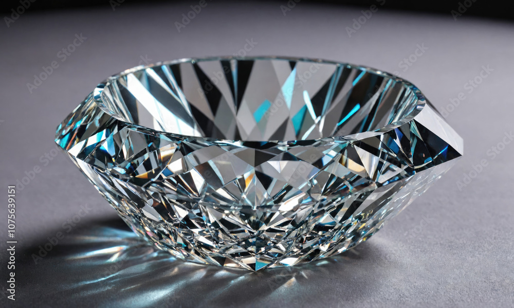 A large, clear diamond sparkles on a gray surface, reflecting the light A large, clear diamond sparkles on a gray surface, reflecting the light