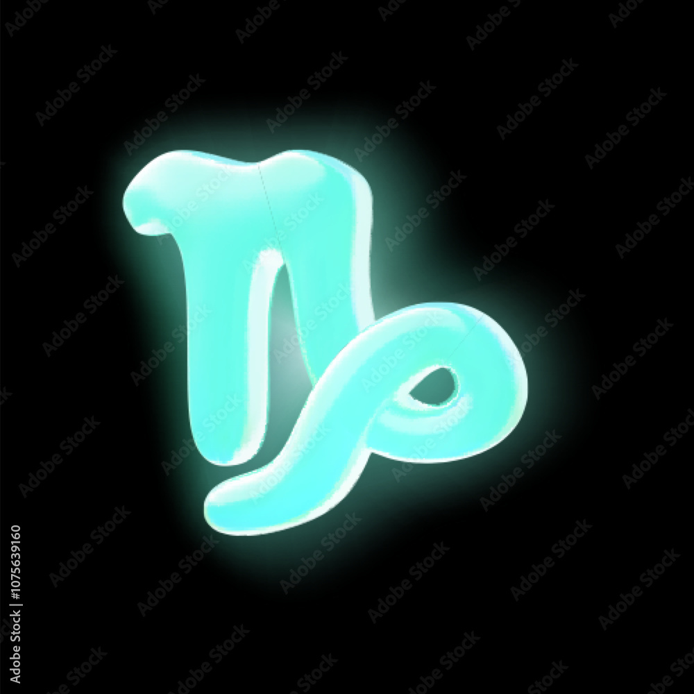 The 3D symbol of the zodiac sign Capricorn is neon blue with luminous effects The 3D symbol of the zodiac sign Capricorn is neon blue with luminous effects