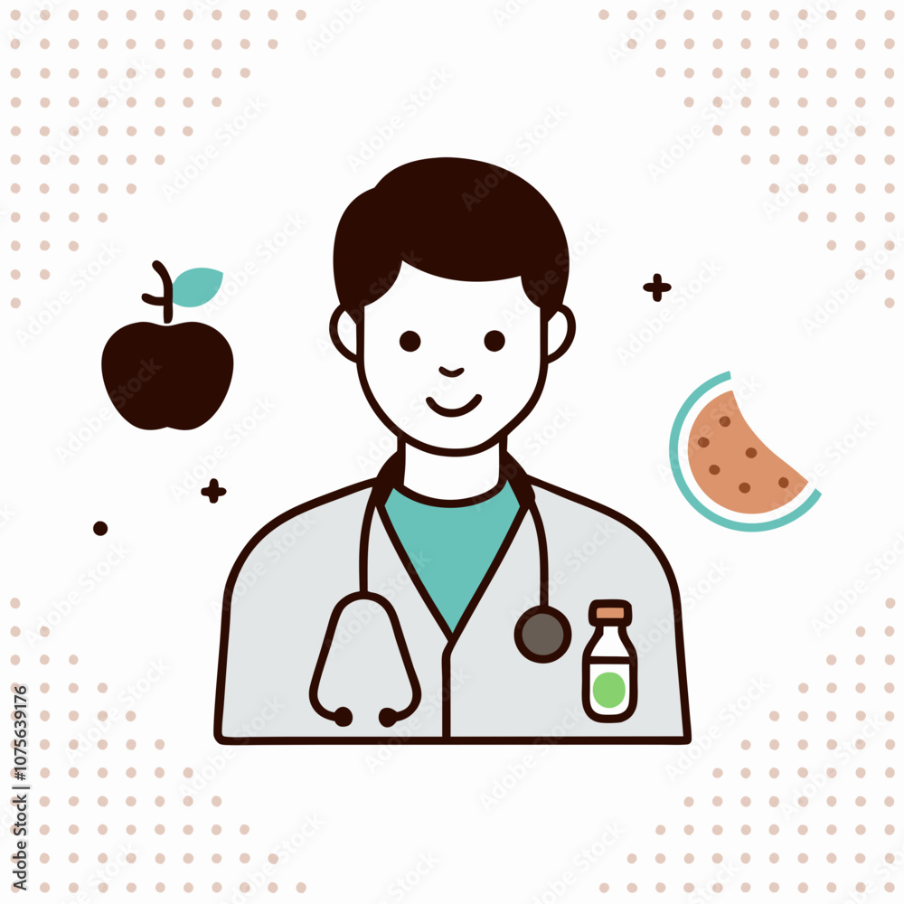 A cartoon doctor is smiling and holding a bottle of medicine. The bottle is green and has a label that says 