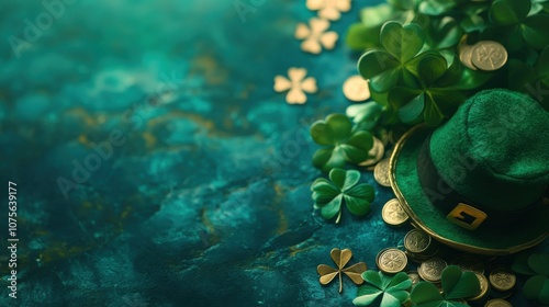 St. Patrick’s Day Background with Shamrocks, Leprechaun Hat, Gold Coins, and Space for Text