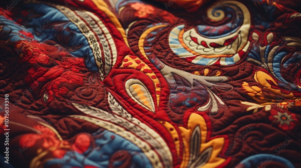 A photo of a hand-sewn quilt with intricate pattern A photo of a hand-sewn quilt with intricate pattern