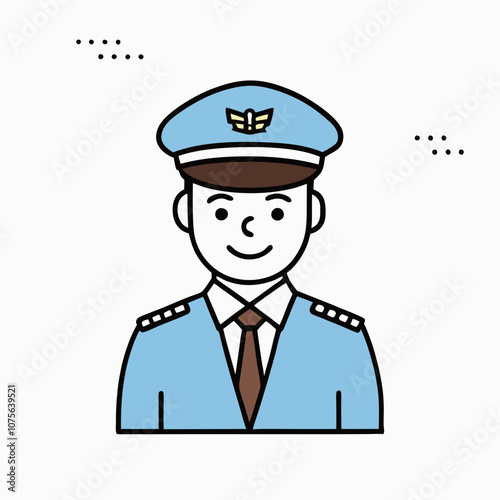 A cartoon of a pilot with a smile on his face. The pilot is wearing a blue uniform and a hat