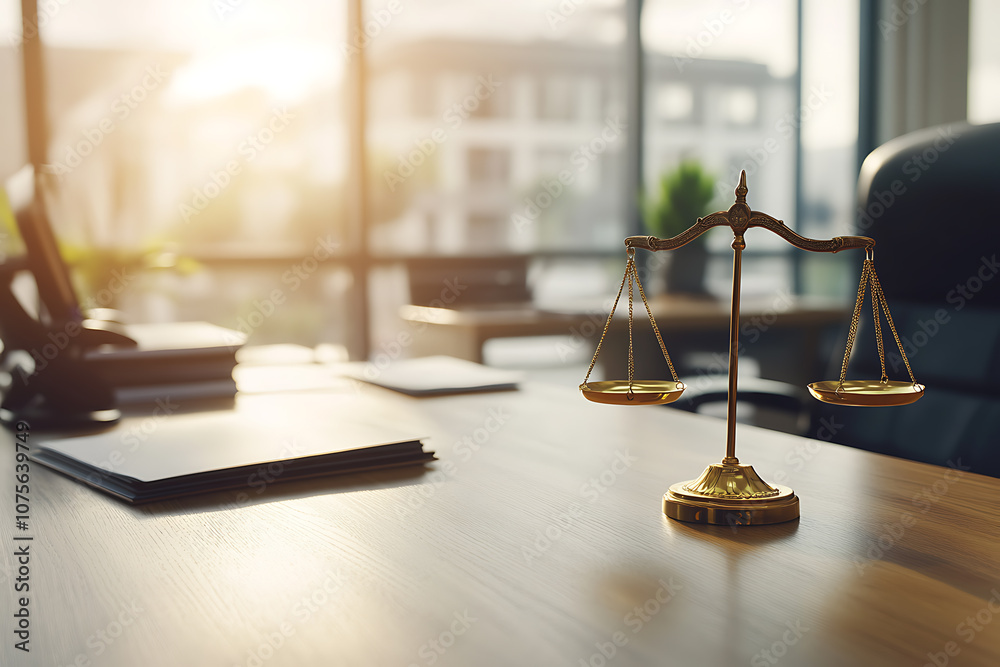 Close-up of golden scales of justice on a desk in a lawyer's office, symbolizing balance, fairness, and legal authority Close-up of golden scales of justice on a desk in a lawyer's office, symbolizing balance, fairness, and legal authority