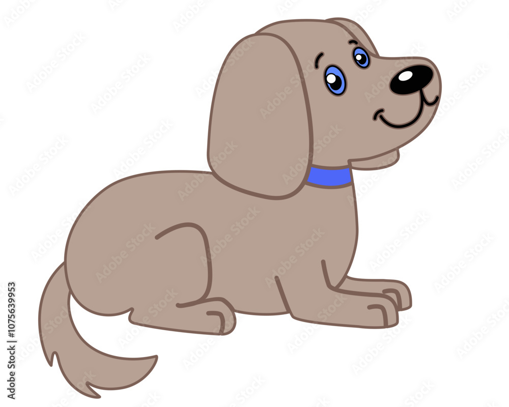 Cute little beige lying puppy in a collar - vector color picture. Doggie cute, children's drawing with a pet Cute little beige lying puppy in a collar - vector color picture. Doggie cute, children's drawing with a pet