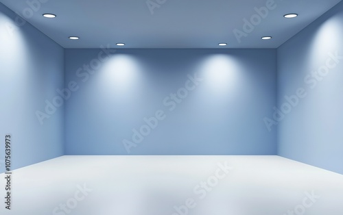 A minimalist blue room with bright lighting showcasing spacious walls and a clean floor, suitable for various creative activities