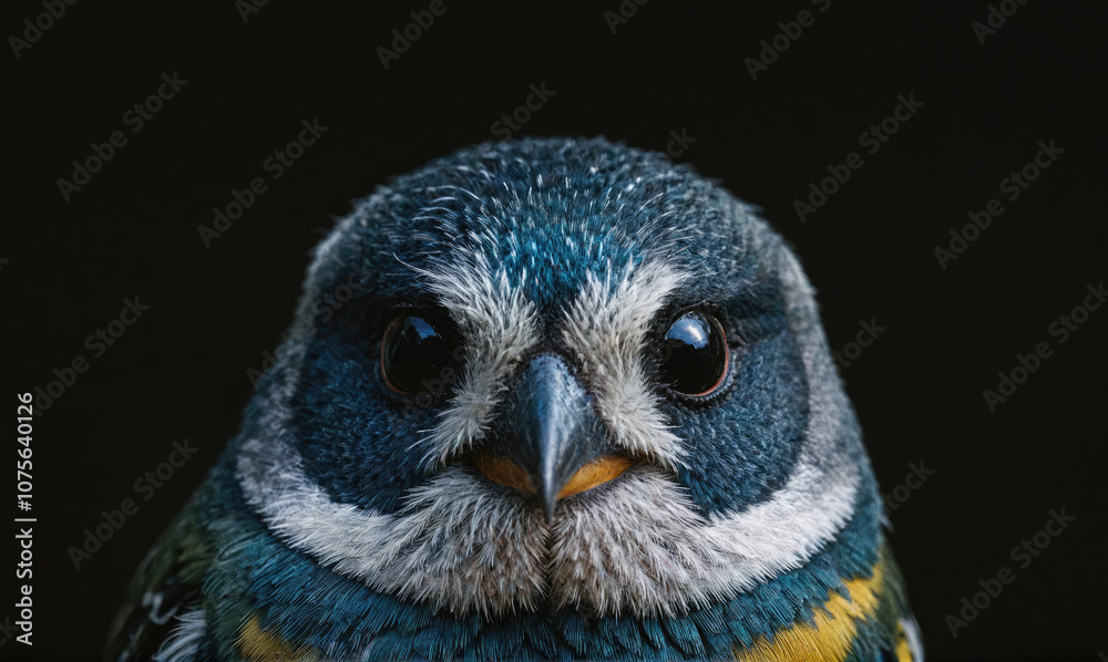 Fototapeta premium A small blue and yellow bird stares intently at the camera