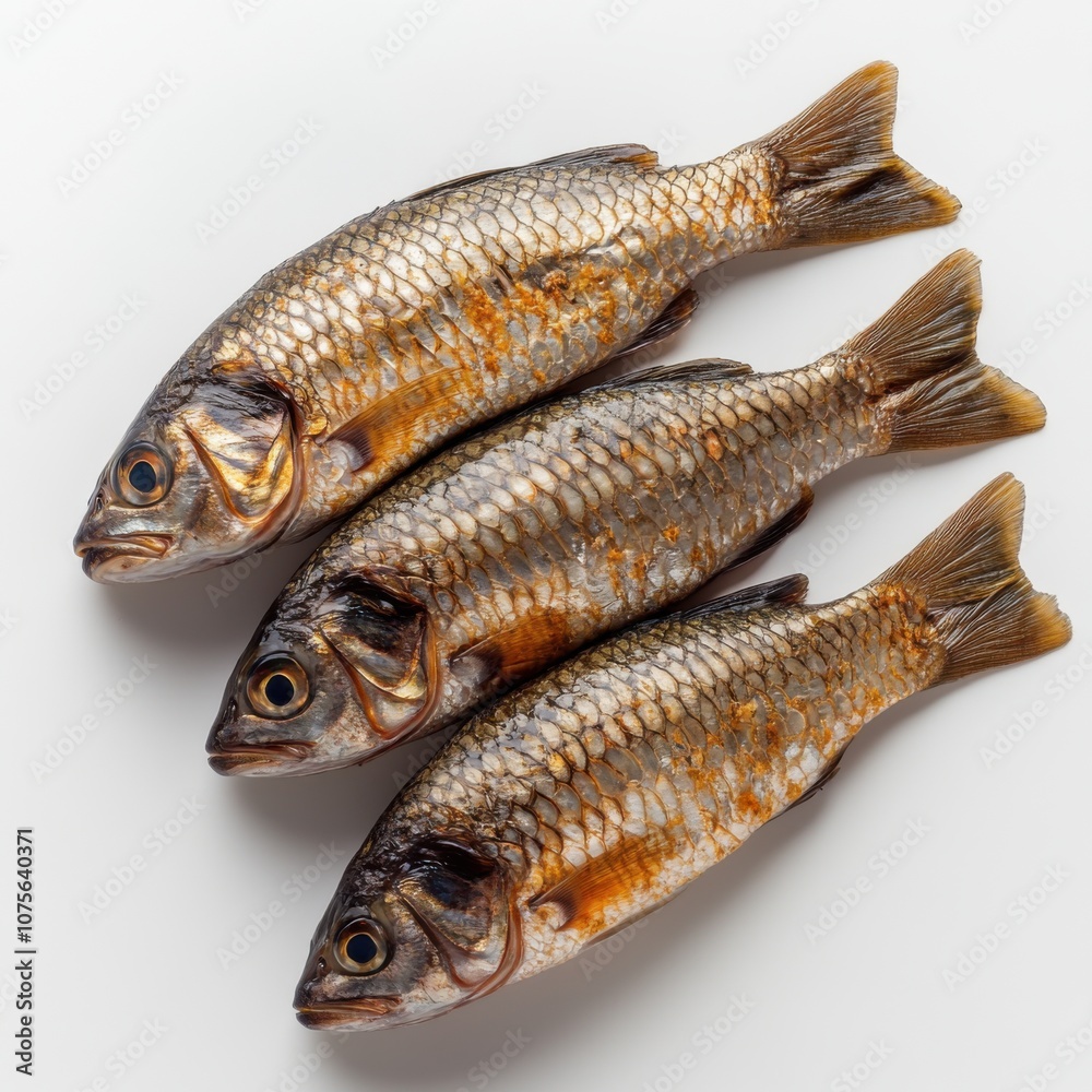 Three whole raw fish on a white background displayed neatly Three whole raw fish on a white background displayed neatly