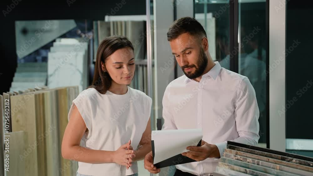 Sales Consultant Showing Tile Catalog to Customer in Showroom Sales Consultant Showing Tile Catalog to Customer in Showroom