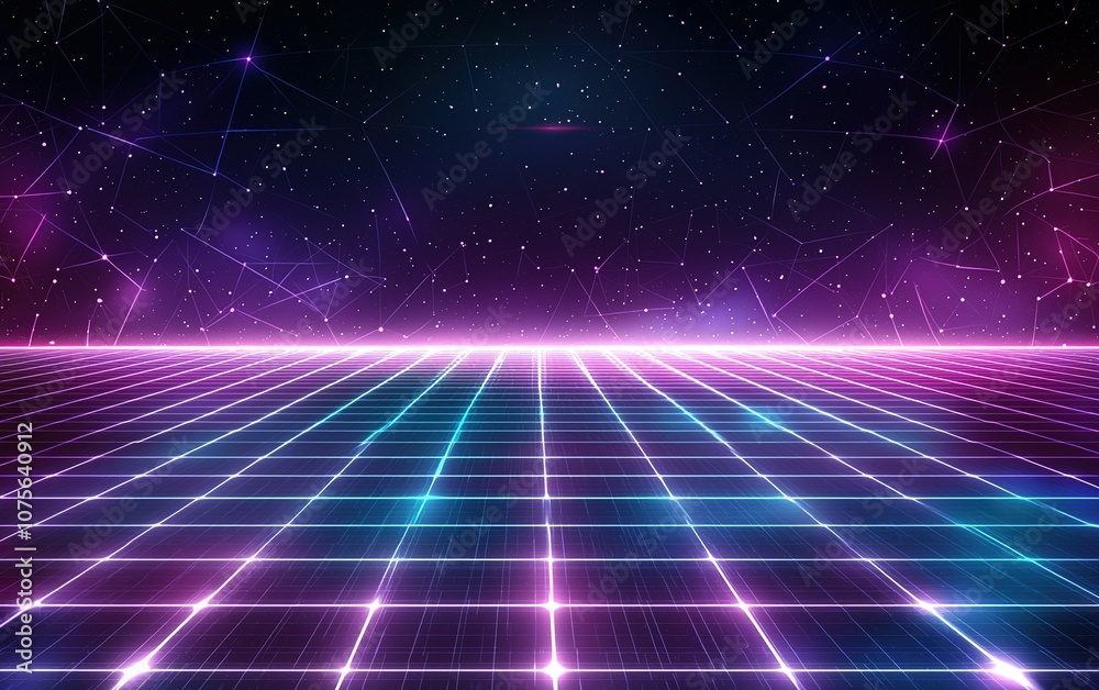 A vibrant retro-futuristic landscape depicting a neon grid under a starry night sky at dusk A vibrant retro-futuristic landscape depicting a neon grid under a starry night sky at dusk