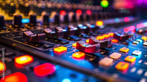 A view of the sound systems control panel with buttons and s ready to play the perfect music for dance rehearsals.