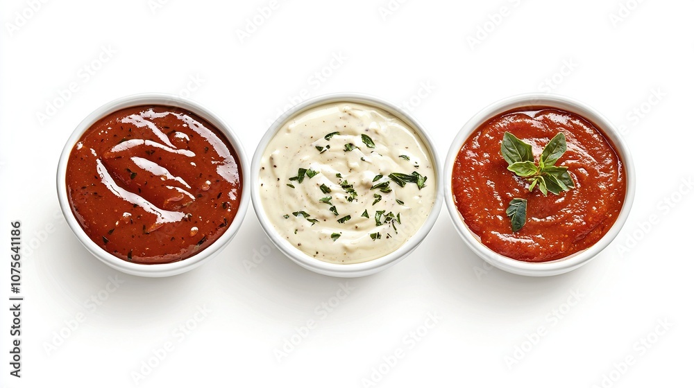 Three bowls of various dips displayed on a white background, adorned with a sprig of parsley in the center Three bowls of various dips displayed on a white background, adorned with a sprig of parsley in the center