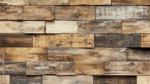 Rustic wood wall with reclaimed planks in different shades of brown and beige.