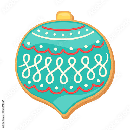 Christmas gingerbread sugar cookie retro ornament. Cute cartoon vector illustration homemade bakery. Shortbread with icing. Shortcake gingerbread Xmas ornament shape. Winter holiday sweet biscuit.