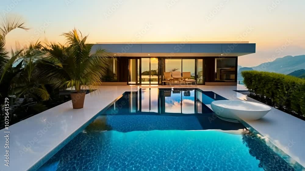Modern Villa With Pool Overlooking Stunning Sunset Landscape Views Generative AI Modern Villa With Pool Overlooking Stunning Sunset Landscape Views Generative AI