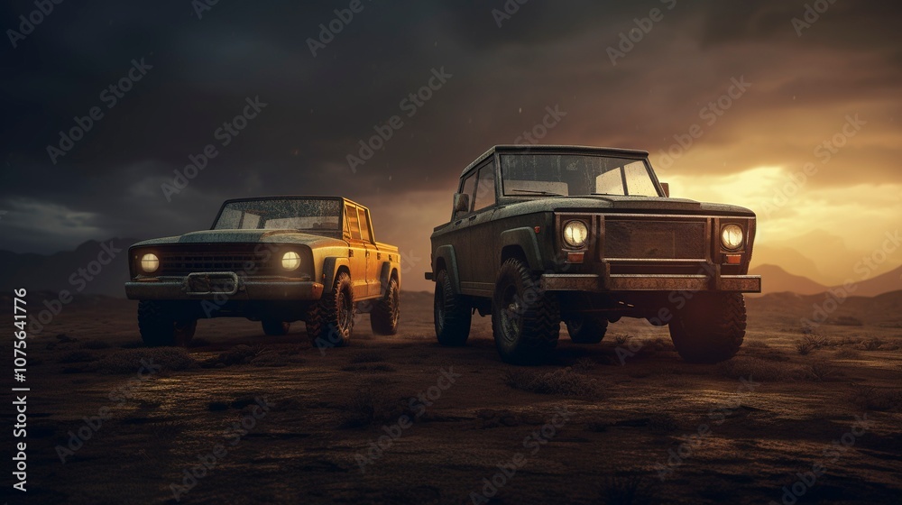 Obraz premium A photo of a pair of vehicles captured in a dramatic seen