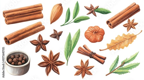 Fototapeta Naklejka Na Ścianę i Meble -    A drawing of cinnamon, star anise, cinnamon pods, cinnamon sticks, and leaves