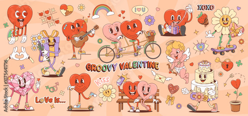 Cartoon groovy valentine characters and retro love symbols. Vector set of hearts, daisy flower, Amour angel, wedding cake personages dating, celebrate holidays, riding bicycle and skateboard, sing