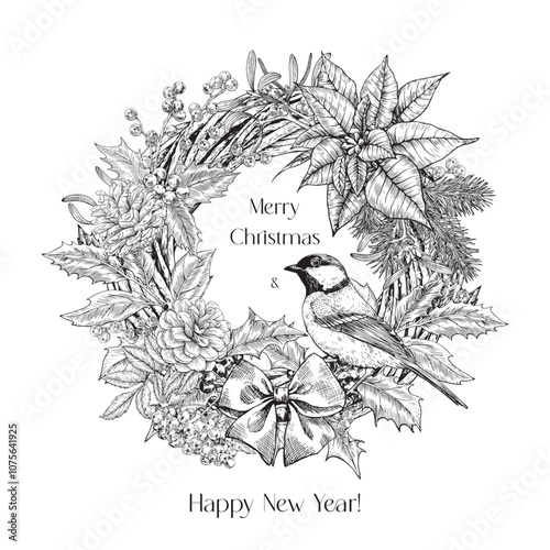 Christmas wreath with tit bird fir twig mistletoe rowan bow poinsettia pinecones holly. Black white. Engraved Vector vintage illustration Hand drawn. Background for design greeting card holiday decor