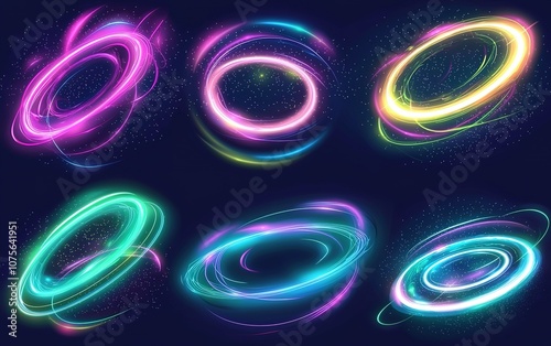 Colorful glowing rings in various styles and motions against a dark background, suitable for digital design and creative projects
