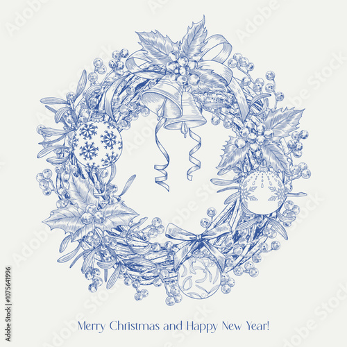 Christmas wicker wreath composition with bells balls ribbons bow holly berries mistletoe. Blue beige Toile Vector vintage illustration. Hand drawn. Background for design greeting card, holiday decor